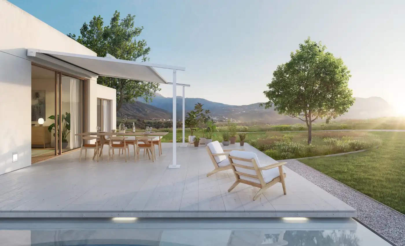 Beige Pergola Markise auf der Terrasse