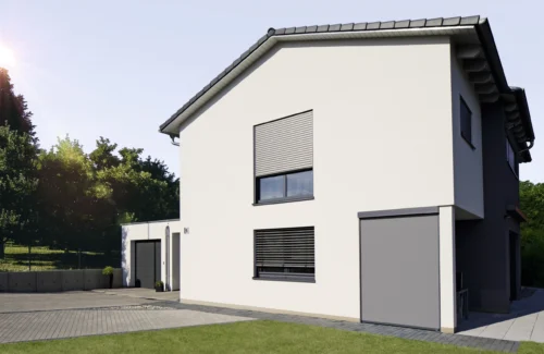 Wohngebäude mit weißer Fassade und Rollladen, Außenjalousie und Vorbau-Markise