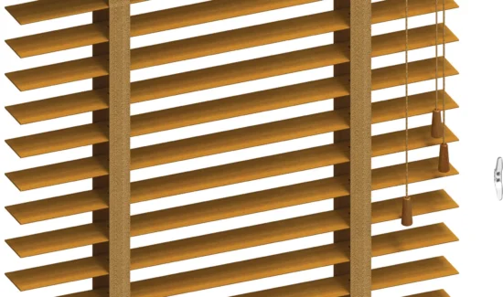 Detailaufnahme einer Jalousie mit grauem Zugseil und Stoffband